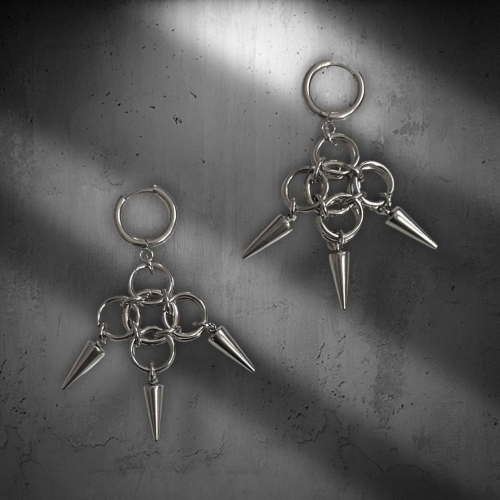 Stainless Steel Multi Chain Link Spike Drop Earrings - Picture 3 of 4